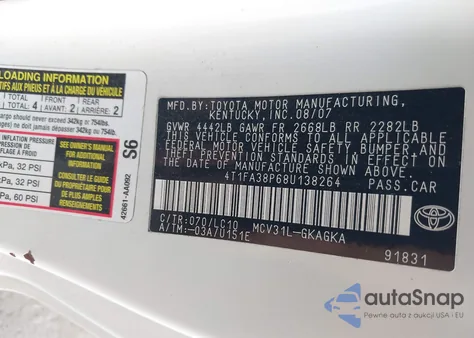 2008 Toyota Camry Solara Sle z USA, uszkodzony, nr VIN 4T1FA38P68U138264